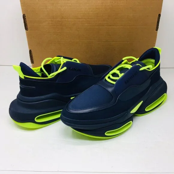 Balmain B Bold Low Top Suede/Leather Sneaker Bleu Marine/Fluorescent Yellow 12 M